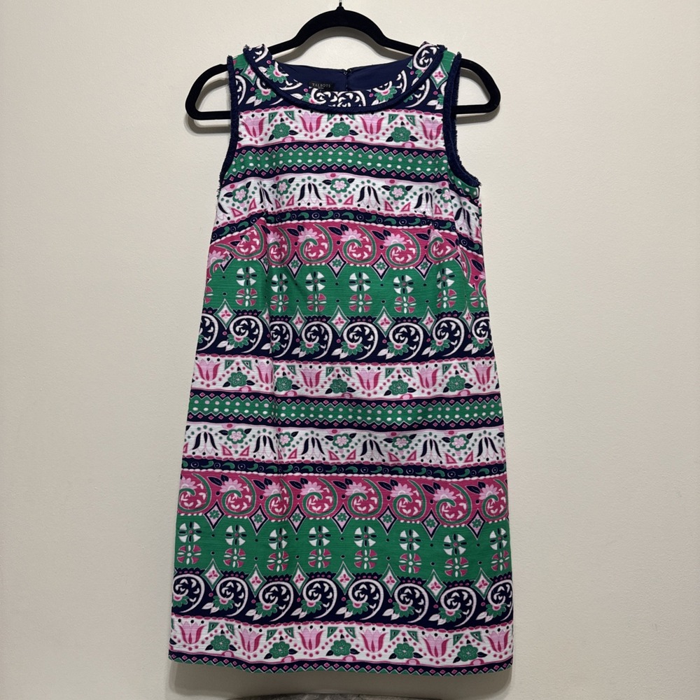 Talbots Women's 4P Petite Shift Dress Floral Stretch Sleeveless Tank Fringe NWT